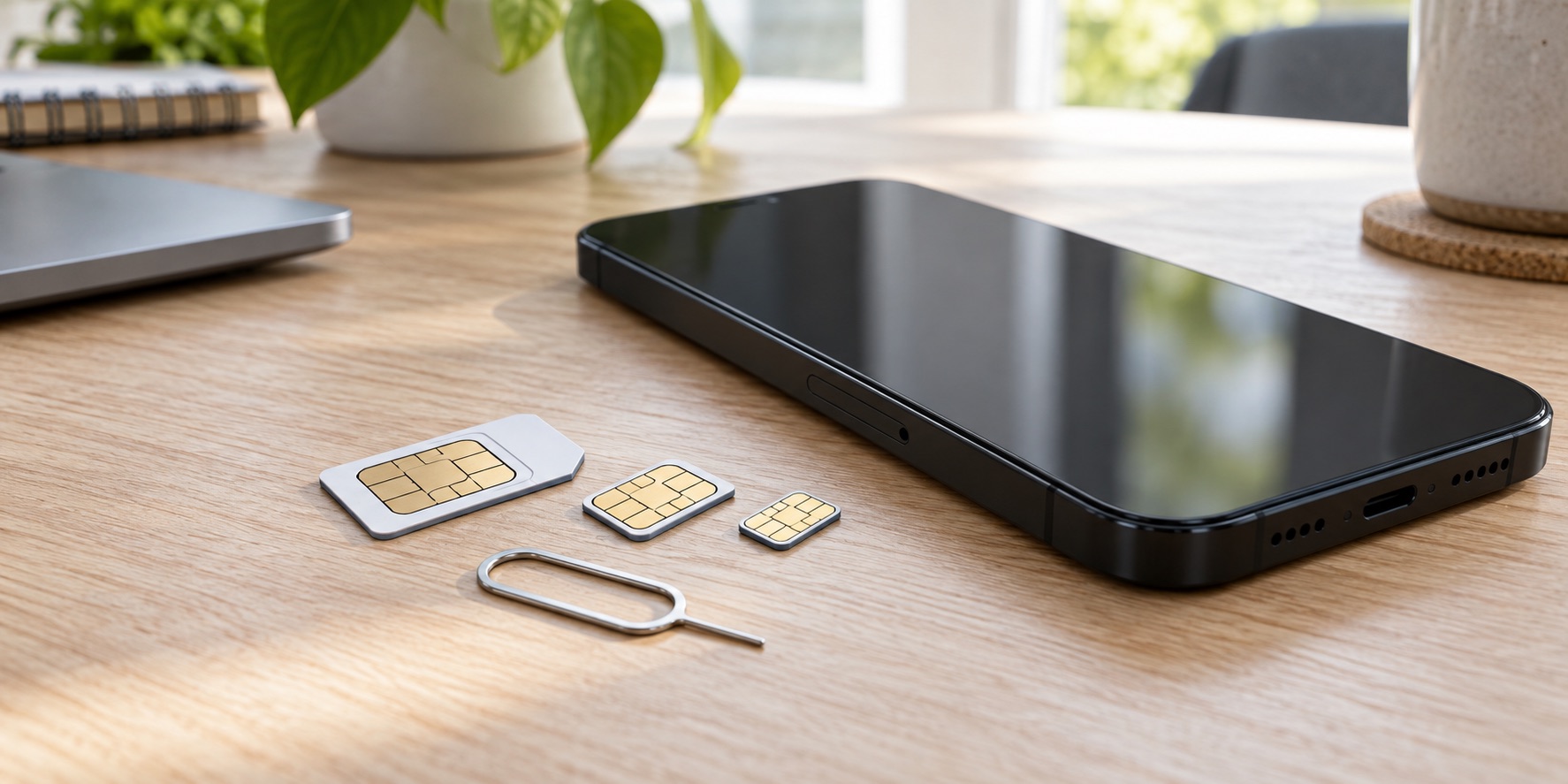 Smartphone, SIM-Karten und SIM-Werkzeug auf einem Schreibtisch